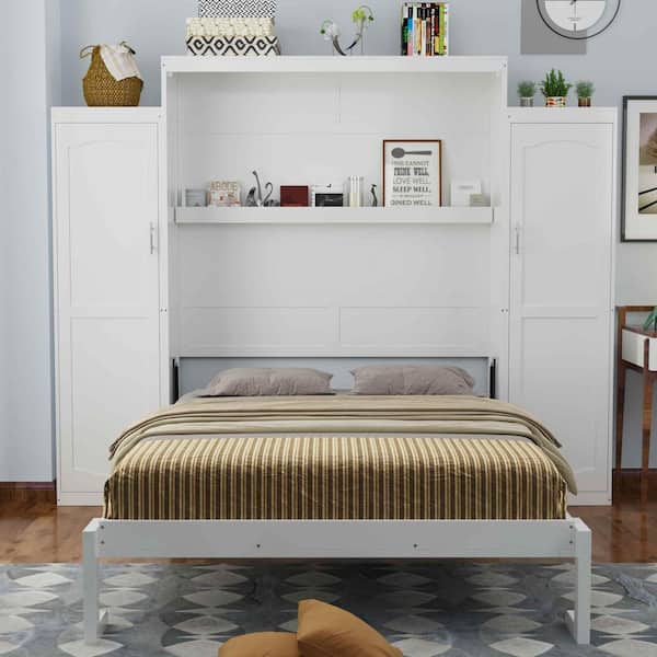White Wood Frame Full Size Murphy Bed with 2-Wardrobe and Storage Shelf