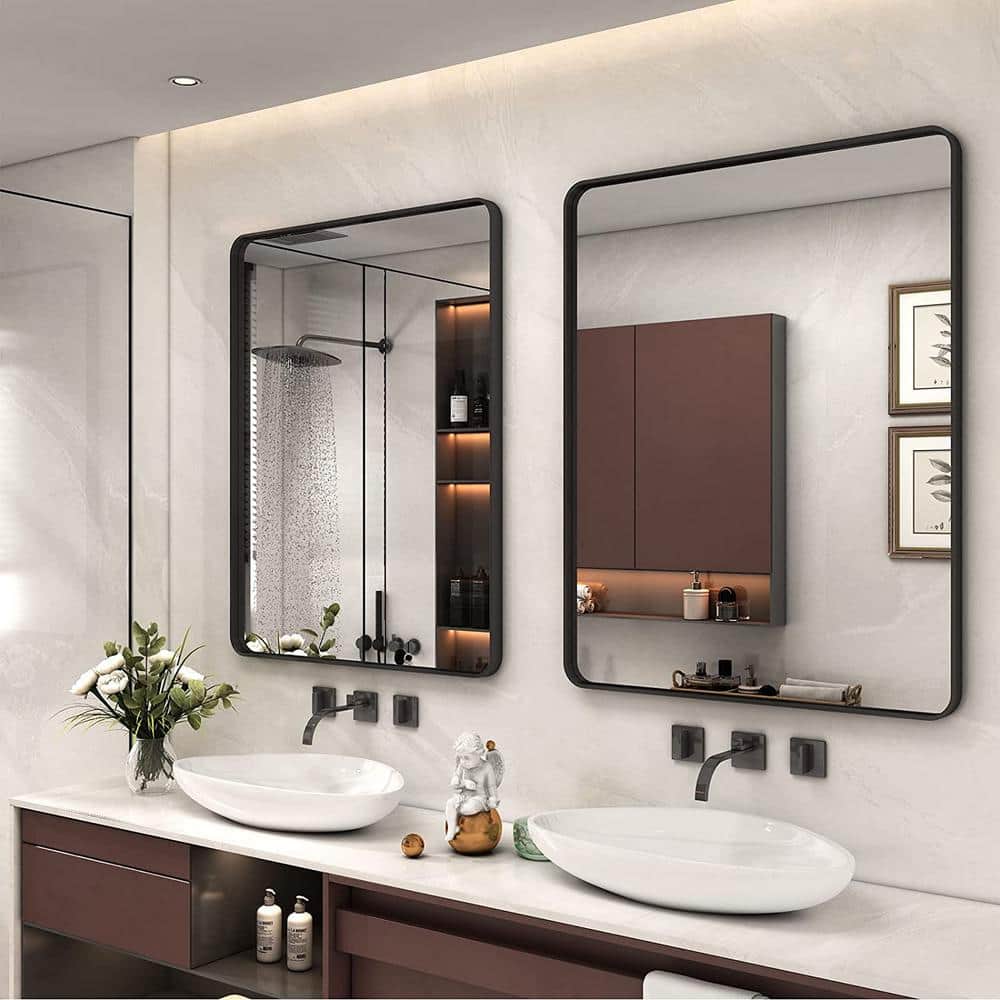 28x36 Inch Matte Black Aluminum Framed Bathroom Mirror