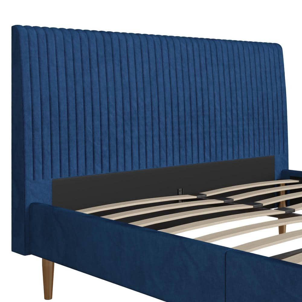 Serene Blue Velvet Queen Platform Bed with Tufted Headboard