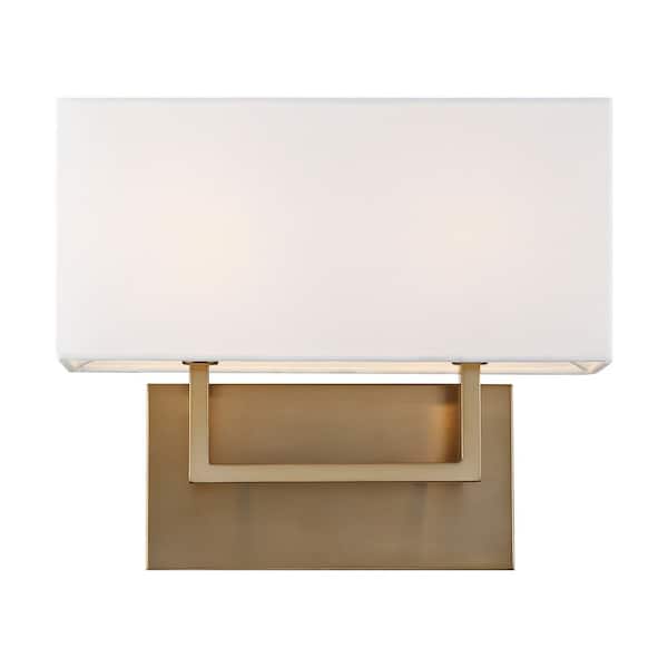 Tribeca 14 in. 2-Light Burnished Brass / White Vanity Light with White Linen Shade