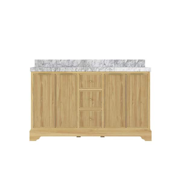 Willow Collections Austin Teak 60 in. W x 22 in. D x 36 in. H Double Sink Bath Vanity in Light Teak with 2 in. Carrara Marble Top