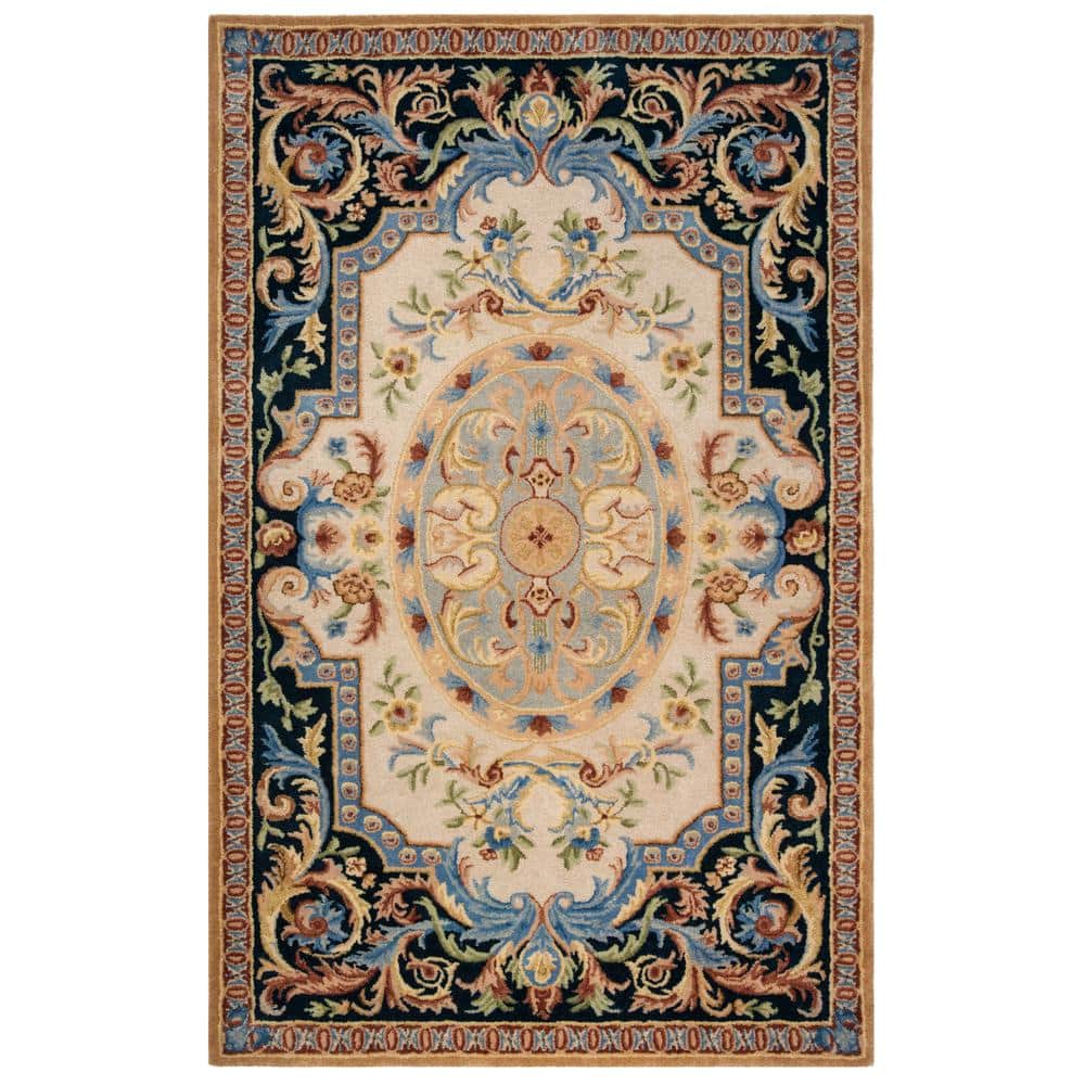 Ivory and Navy Handmade Wool Floral Area Rug