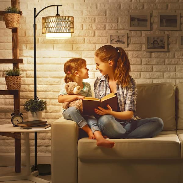 65 in. Black Modern 1-Light Dimmable Arc Floor Lamp with Rattan and Fabric Shade