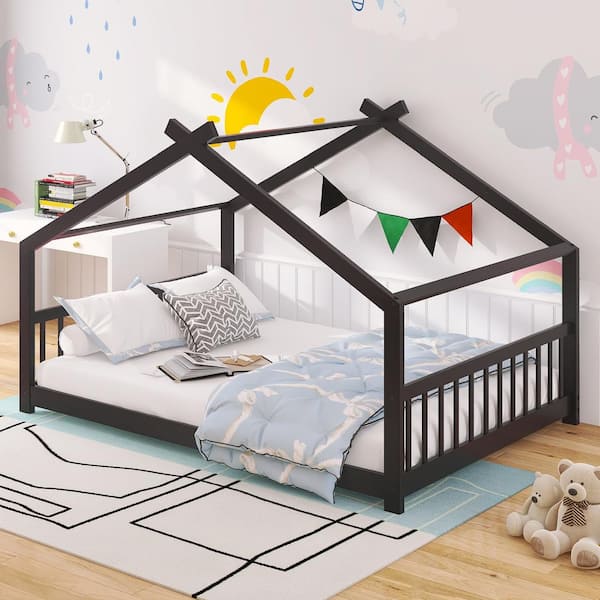 Qualler Espresso Full Size House Bed with Semi-enclosed Space