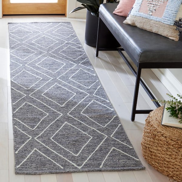 Striped Kilim Dark Grey 2 ft. x 9 ft. Geometric Striped Runner Rug