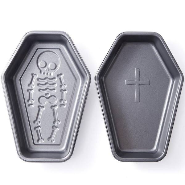 2-Pack 10 x 6.9 in. Nonstick Coffin Cake Pans, Skeleton Cross Gothic Halloween Baking Molds for Brownie Loaf Dessert