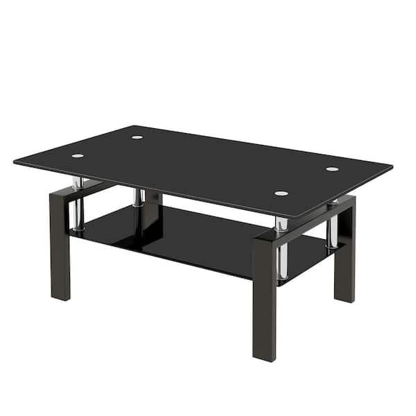 Sudzendf Clear Transparent Tempered Black Glass Coffee Table, 2-Layers Tea Table