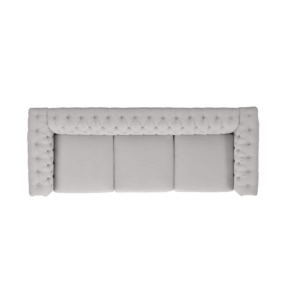 Elegant Gray Faux Leather Tufted Chesterfield Sofa with Nailhead Accents