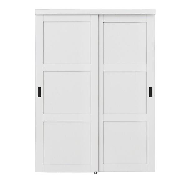 ARK DESIGN 60 in. x 96 in. Paneled 3-Lite Blank Pattern White Primed MDF Sliding Door with Hardware and Black Handles