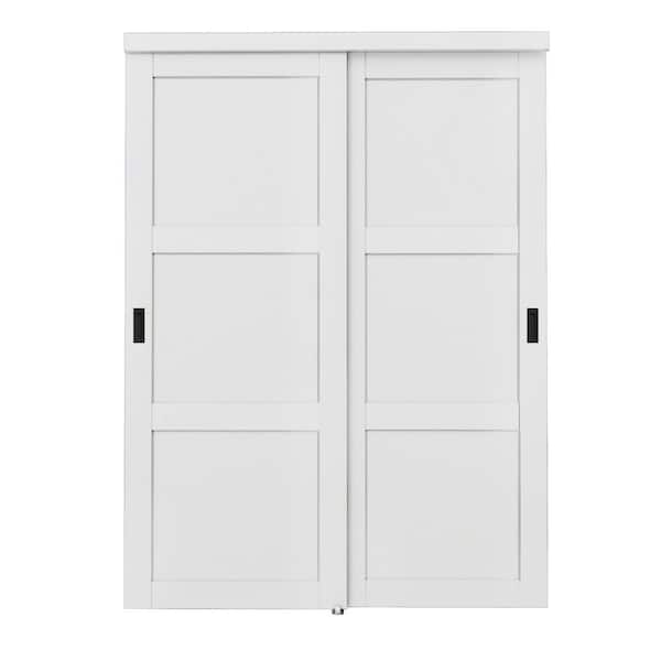 60 in. x 96 in. Paneled 3-Lite Blank Pattern White Primed MDF Sliding Door with Hardware and Black Handles