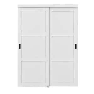 60 in. x 80 in. Paneled 3-Lite Blank Pattern White Primed MDF Sliding Door with Hardware and Black Handles