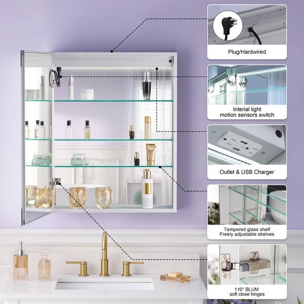 WELLFOR 24 in. W x 30 in. H Rectangular Aluminum Recessed or Surface Mount Medicine Cabinet with Mirror and Lighted, Defog,2 USB