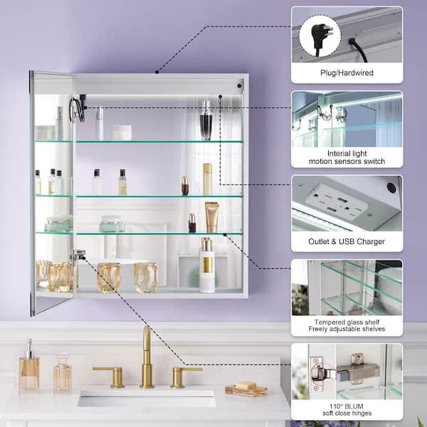 24 in. W x 30 in. H Rectangular Aluminum Recessed or Surface Mount Medicine Cabinet with Mirror and Lighted, Defog,2 USB