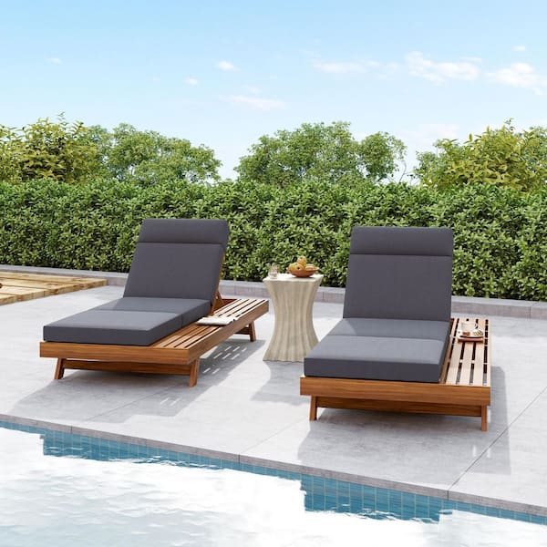 Erin Patio Foldable Solid Wood Outdoor Chaise Lounge with Quad-Fold Dark Gray Cushion,Adjustable Back,Teak Finish,2 Pack
