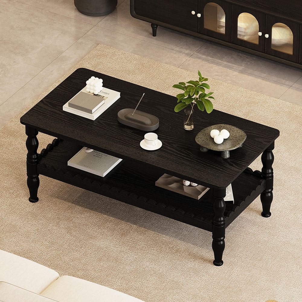 43.3 in. Antique Black Rectangle Wood Coffee Table with Storage Shelf, Farmhouse 2-Tier Center Table