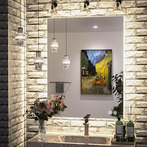 28 in. W x 36 in. H Rectangular Frameless LED Light 3 Color Dimmable Anti-Fog Wall Bathroom Vanity Mirror with Backlit