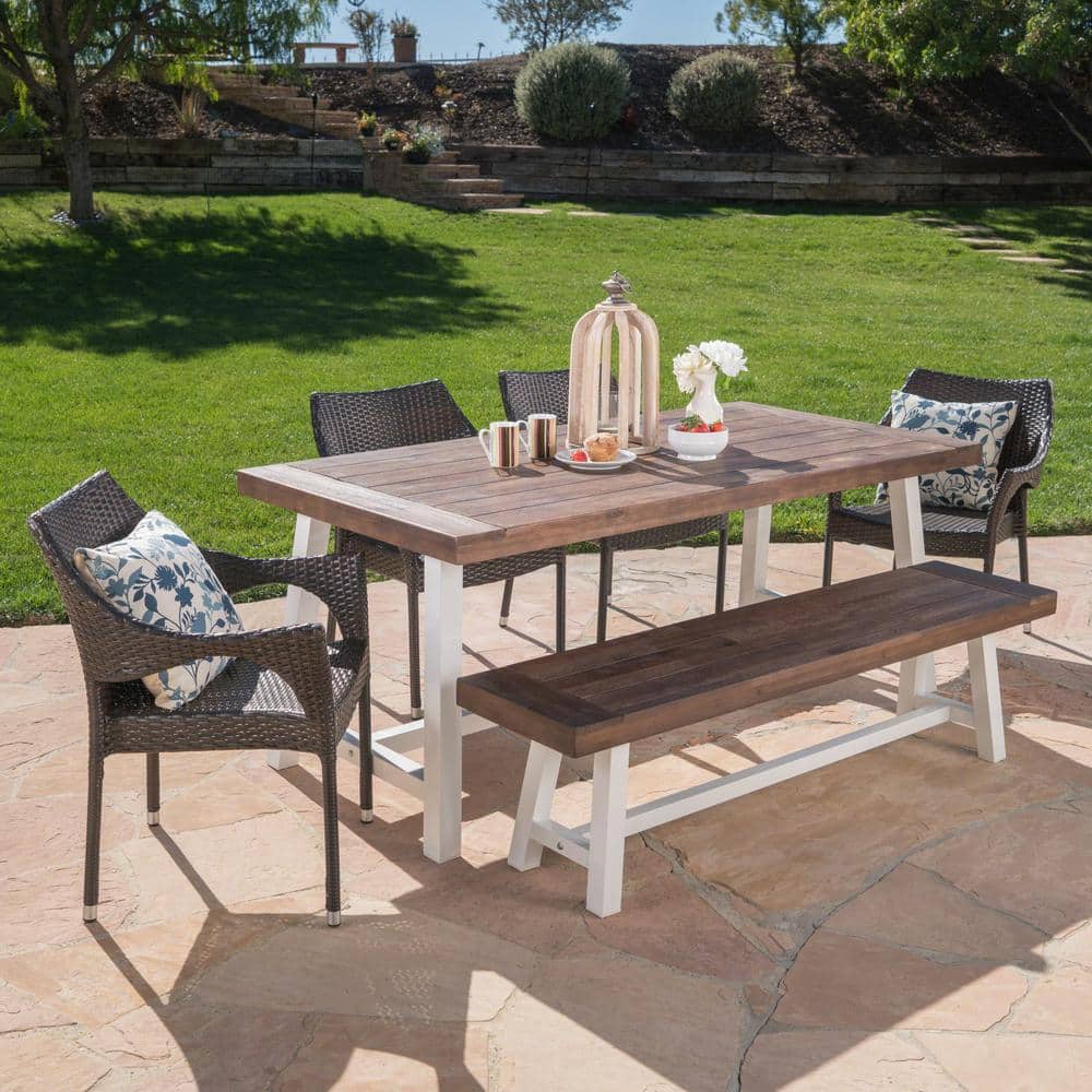 Sandblast Dark Brown and White Acacia Wood 6-Piece Outdoor Dining Set