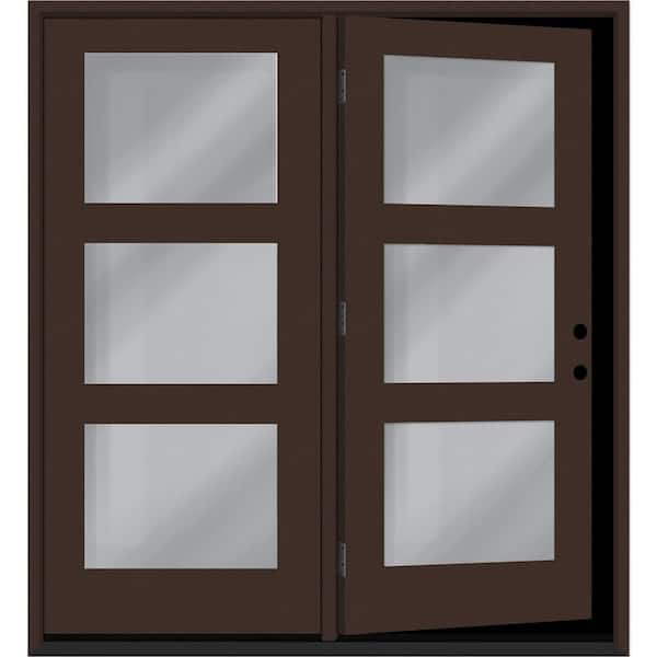 Steves & Sons Regency 72 in. x 80 in. Modern 3L Equal Clear Glass Chstnut LH CenterHinged Stained Fiberglass Retro Patio Door w/4"Jmb