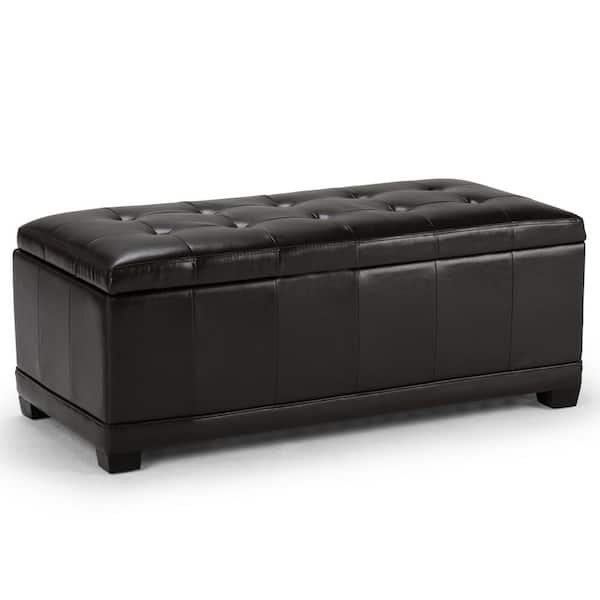 Simpli Home Westchester 45 in. Contemporary Storage Ottoman in Tanners Brown Faux Leather