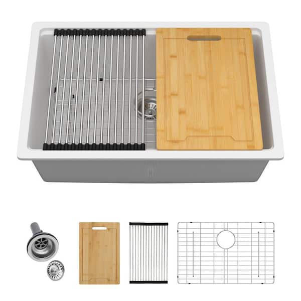 28 in. Undermount Workstation Sink Single Bowl White Quartz/Granite Composite Kitchen Sink with Bottom Grid