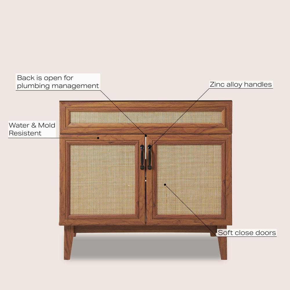 Javer 36" Walnut Rattan Modern Farmhouse Bathroom Vanity Cabinet