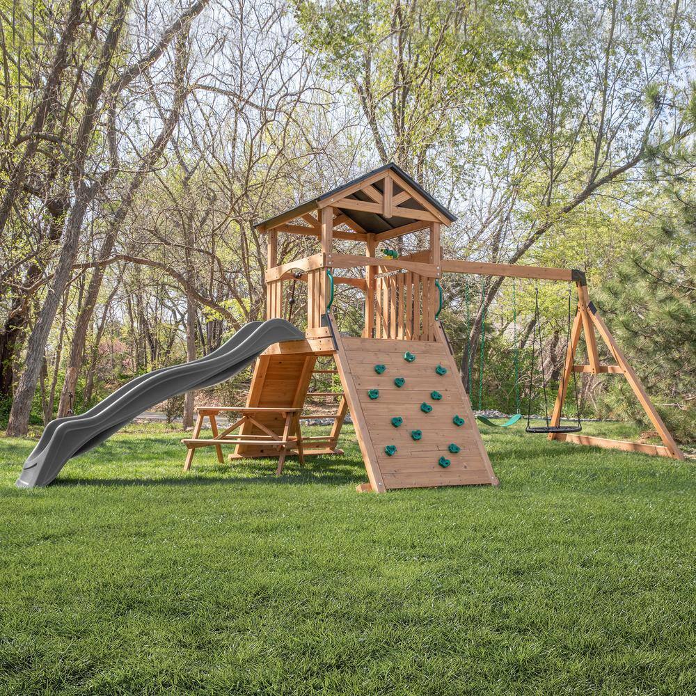 Endeavor II Cedar Swing Set with Gray Wave Slide