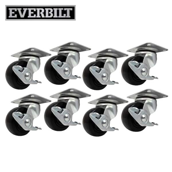Everbilt 2 in. Black Soft Rubber and Steel Swivel Plate Casters with Locking Brake and 90 lbs. Load Rating 8 Pack