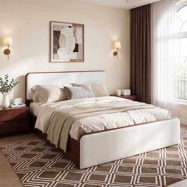 Wren Modern Walnut White Solid Wood Frame Queen Size Platform Bed with Upholstered Headboard and Footboard