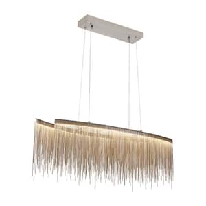 Rectangle 2-Light with 3-Color Changing Integrated LED Silver Aluminum Tassel Chandelier for Dining Room Kitchen Island