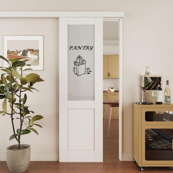 24 in. x 80 in. Hidden Track 1/2 Lite Glass White Primed MDF Sliding Barn Door with Hardware Kit and Pantry Sticker