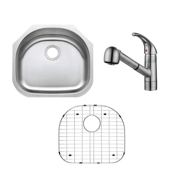 23 in. Undermount Single Bowl 18-Gauge Stainless Steel D-Shape Kitchen Sink with Pull-Out Brushed Nickel Kitchen Faucet