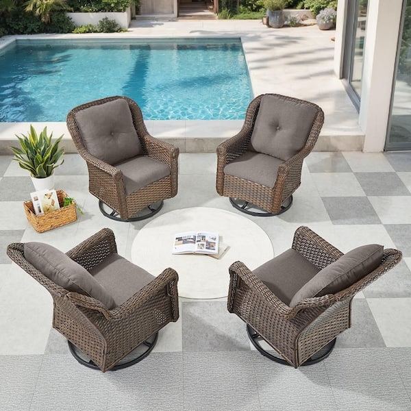 Jura 4-Piece Brown Wicker Outdoor Rocking Chair Patio Furniture Swivel Glider Set Deep Seating with Gray Cushions