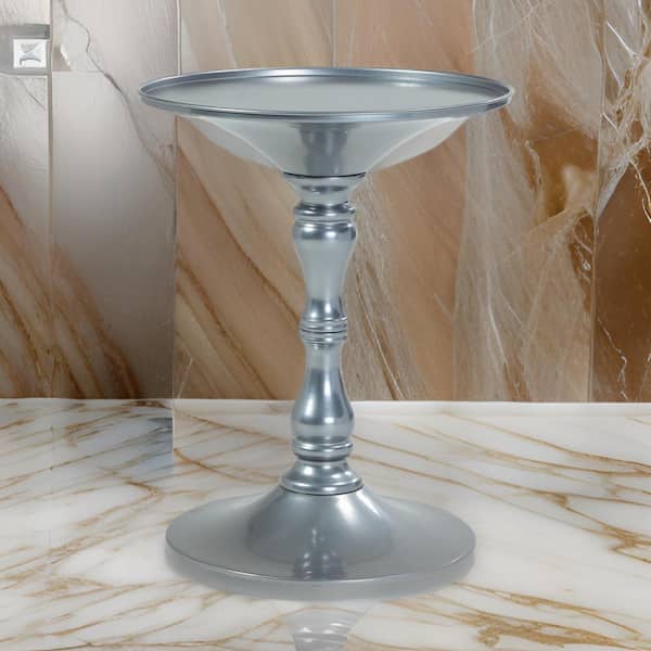 Benjara 18 in. Silver Round Metal End Table with Hourglass Turned Base