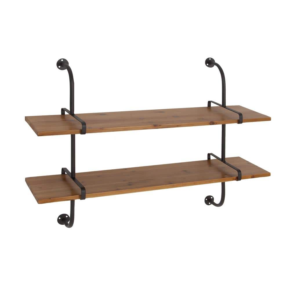Brown Iron and Fir Wood 2-Tier Wall Shelf, 37" x 29"