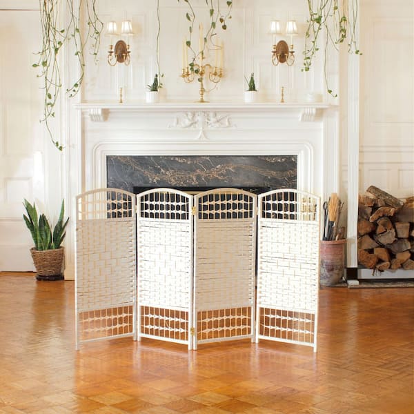 Oriental Furniture 3 ft. Short Fiber Weave Folding Screen - White - 4 Panels