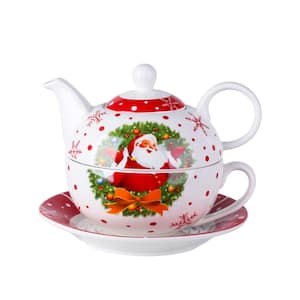 Santaclaus 1-Cup White and Red Christmas Porcelain Tea Set with Teapot, Teacup and Saucer