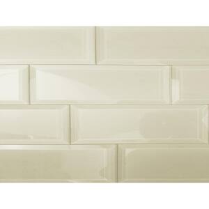Frosted Elegance Glossy Glittery Cream Beveled Subway 12 in. x 3 in. Glass Wall Tile (14 sq. ft./Case)