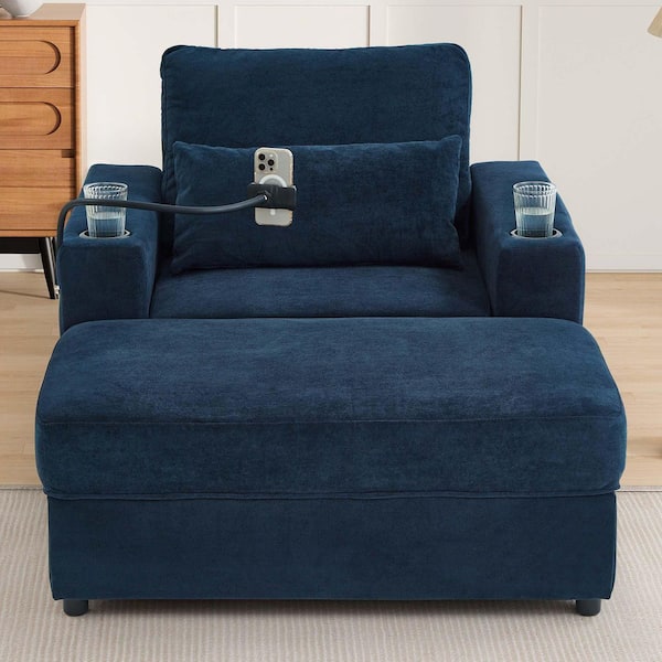 42.5 in. Square Arm Chenille Rectangle with a Storage Ottoman,USB Ports,Cup Holders and Side Pockets Sofa in Blue