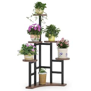 Wellston 43.7 in. Rustic Brown Round Wood Corner Plant Stand Indoor, 6 Tier Plant Shelf Flower Stand Tall Potted Plant