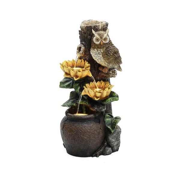 LuxenHome Sunflower and Owl 2.3 ft. Tall Outdoor Polyresin Cascade Fountain with Lights