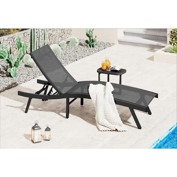 Outdoor Metal Chaise Lounge, Foldable and Assemble Free Pool Lounge Chairs with Adjustable Backres, Dark Grey
