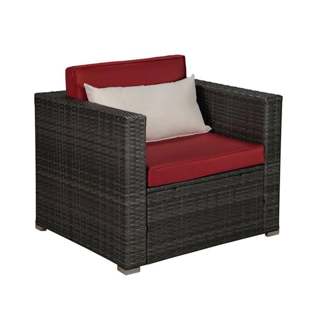 Dark Gray 1-Piece PE Rattan Wicker Outdoor Sectional Sofa with Red Cushion 