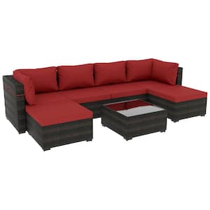 7-Piece Wicker Patio Conversation Sectional Seating Set with Coffee Table and Ottomans for Garden, Backyard, Red