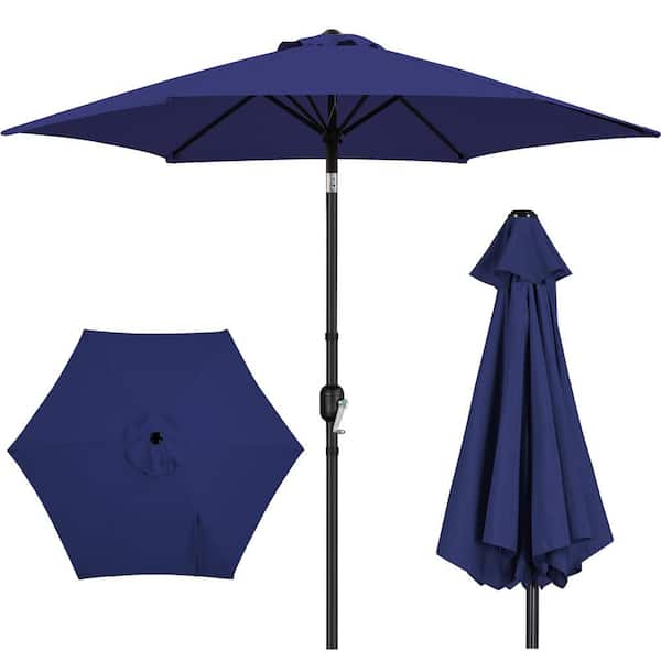 Yaheetech 9 ft. Patio Umbrella 95 in. H 6-Ribs Market Umbrella with Push Button Tilt and Crank, Navy Blue