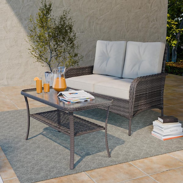 EAGLE PEAK 2-Piece Wicker Outdoor Patio Loveseat Conversation Set with Beige Cushions and Coffee Table