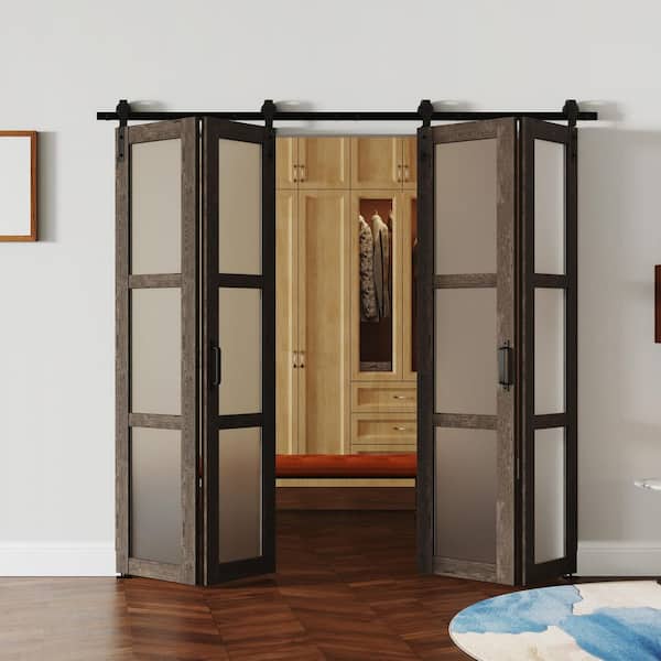 72 in. x 84 in. Dark Brown, Finished, MDF, Frosted Glass Bi-Fold Style, 3-Lite Glass Sliding Barn Door with Hardware Kit