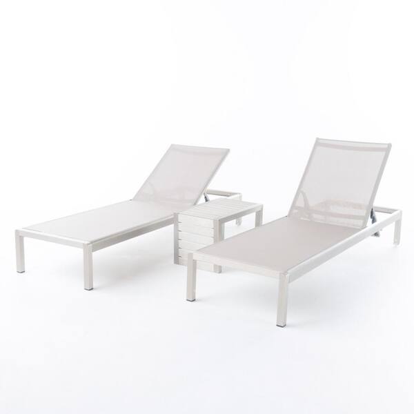 Noble House Cape Coral Silver 3-Piece Metal Outdoor Chaise Lounge