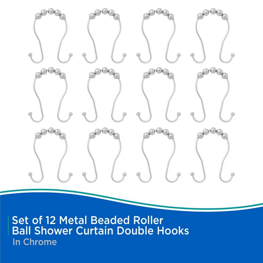 Chrome Metal Beaded Roller Ball Shower Curtain Double Hooks, Set of 12