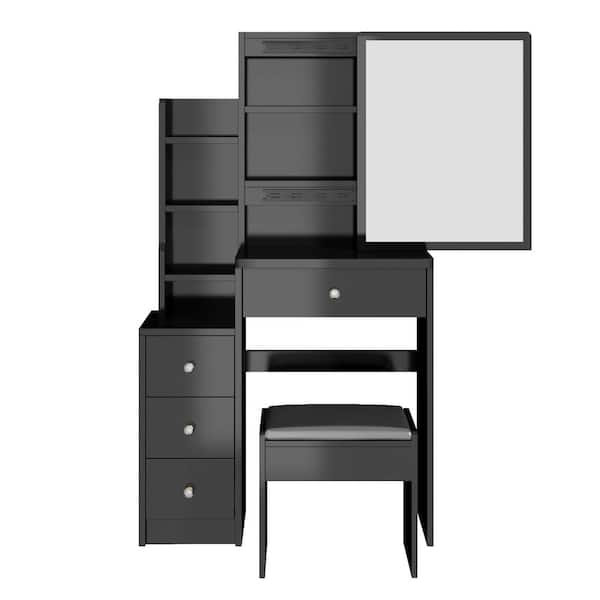 Unbranded Black 4-Drawer 31.5 in. Wide Dresser with Mirror, Left Bedside Cabinet Vanity Table and Cushioned Stool