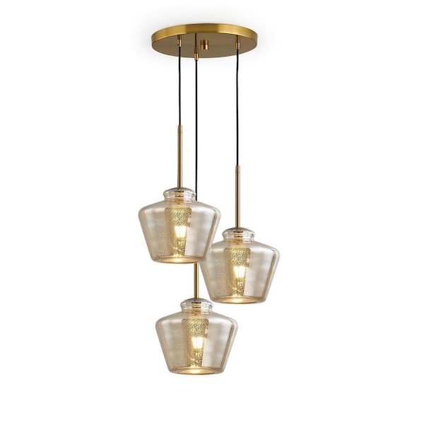 HomeGlam Midtown 3-Lights Brushed Brass Pendant Light with Mercury Glass Shades